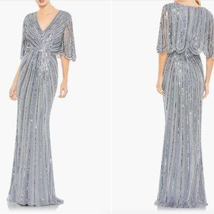 MAC DUGGAL 93583 SEQUINED V-NECK CAPE SLEEVE COLUMN SLATE BLUE GOWN sz 18